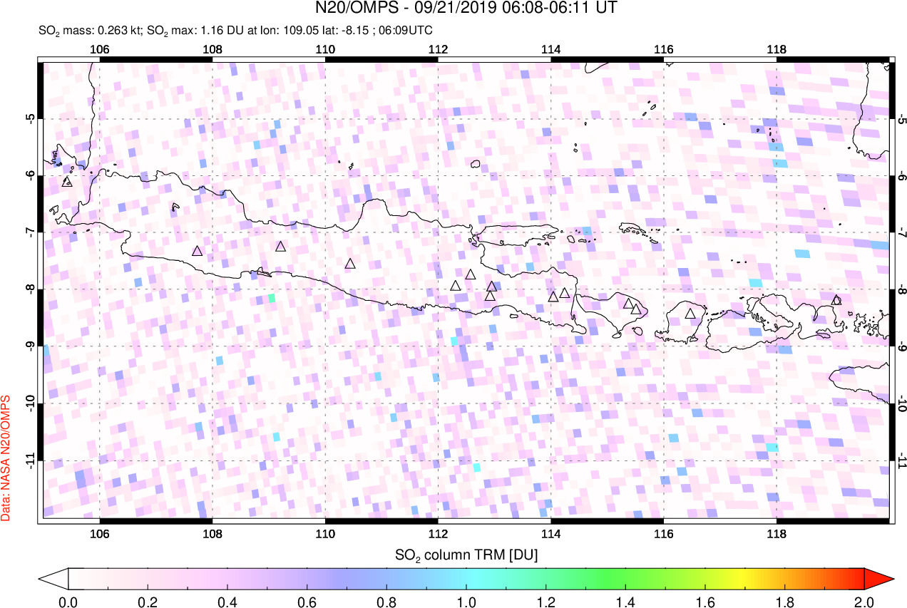 A sulfur dioxide image over Java, Indonesia on Sep 21, 2019.
