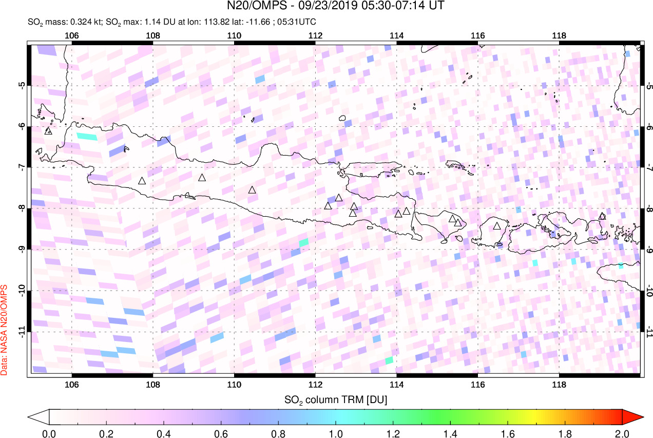 A sulfur dioxide image over Java, Indonesia on Sep 23, 2019.