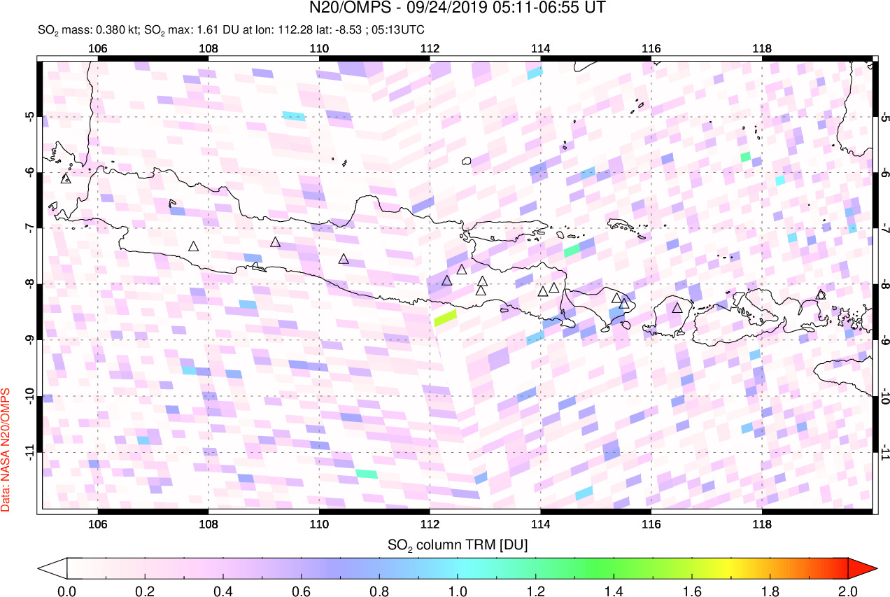 A sulfur dioxide image over Java, Indonesia on Sep 24, 2019.