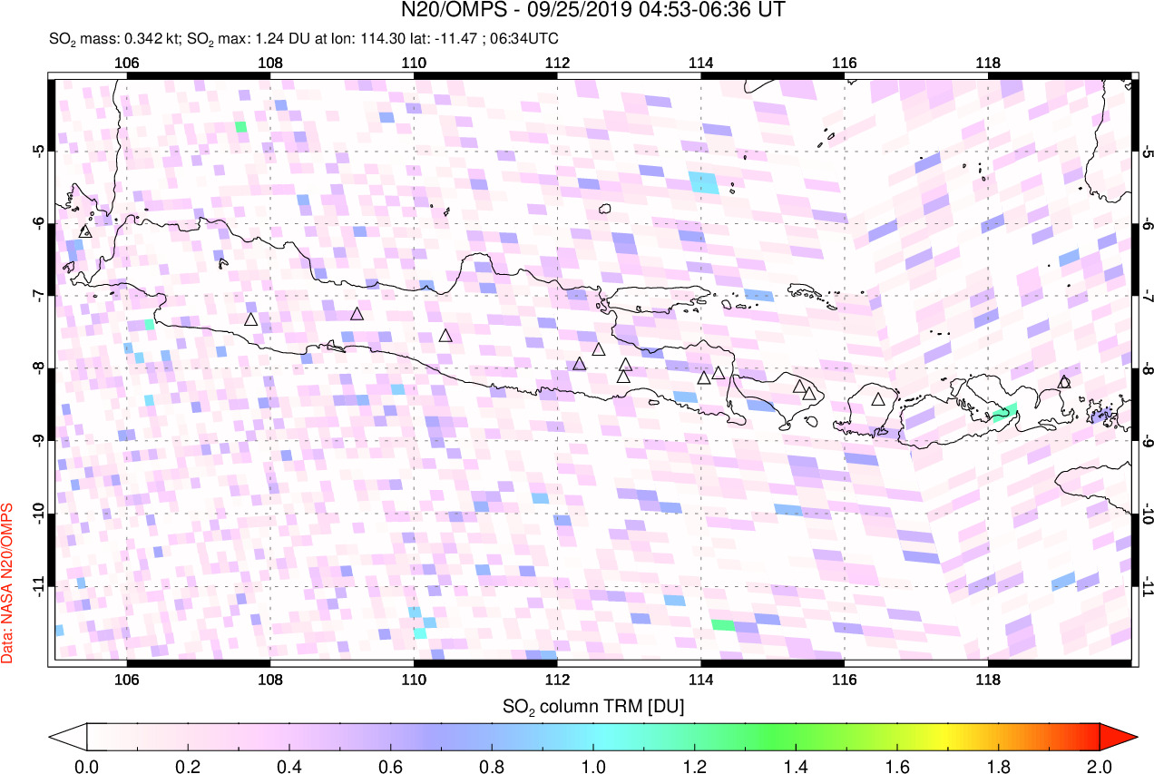 A sulfur dioxide image over Java, Indonesia on Sep 25, 2019.
