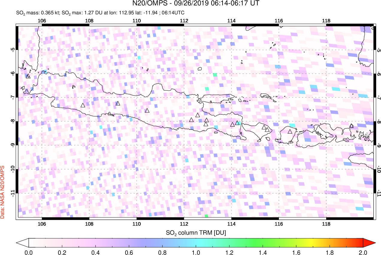 A sulfur dioxide image over Java, Indonesia on Sep 26, 2019.