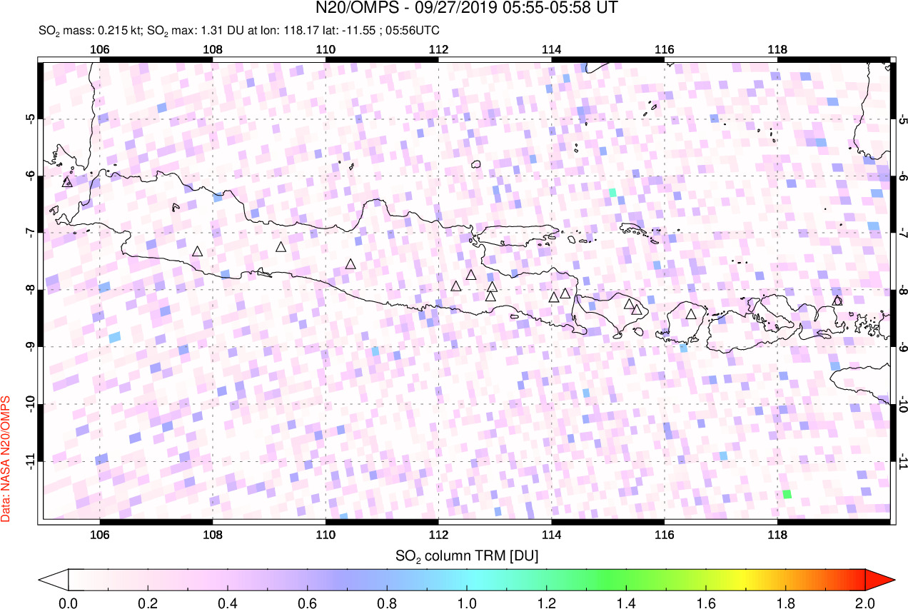 A sulfur dioxide image over Java, Indonesia on Sep 27, 2019.