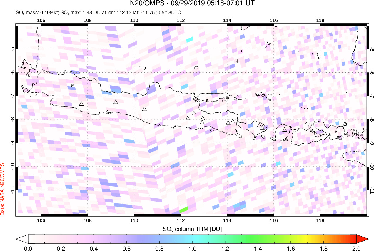 A sulfur dioxide image over Java, Indonesia on Sep 29, 2019.
