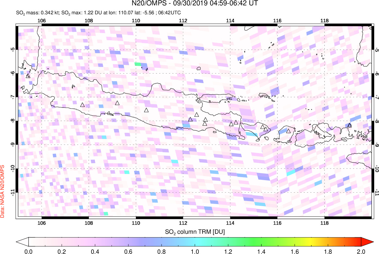 A sulfur dioxide image over Java, Indonesia on Sep 30, 2019.