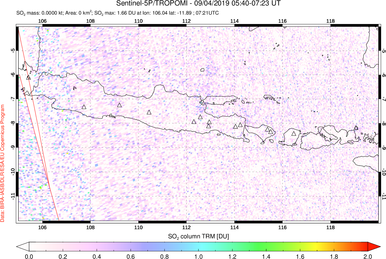 A sulfur dioxide image over Java, Indonesia on Sep 04, 2019.