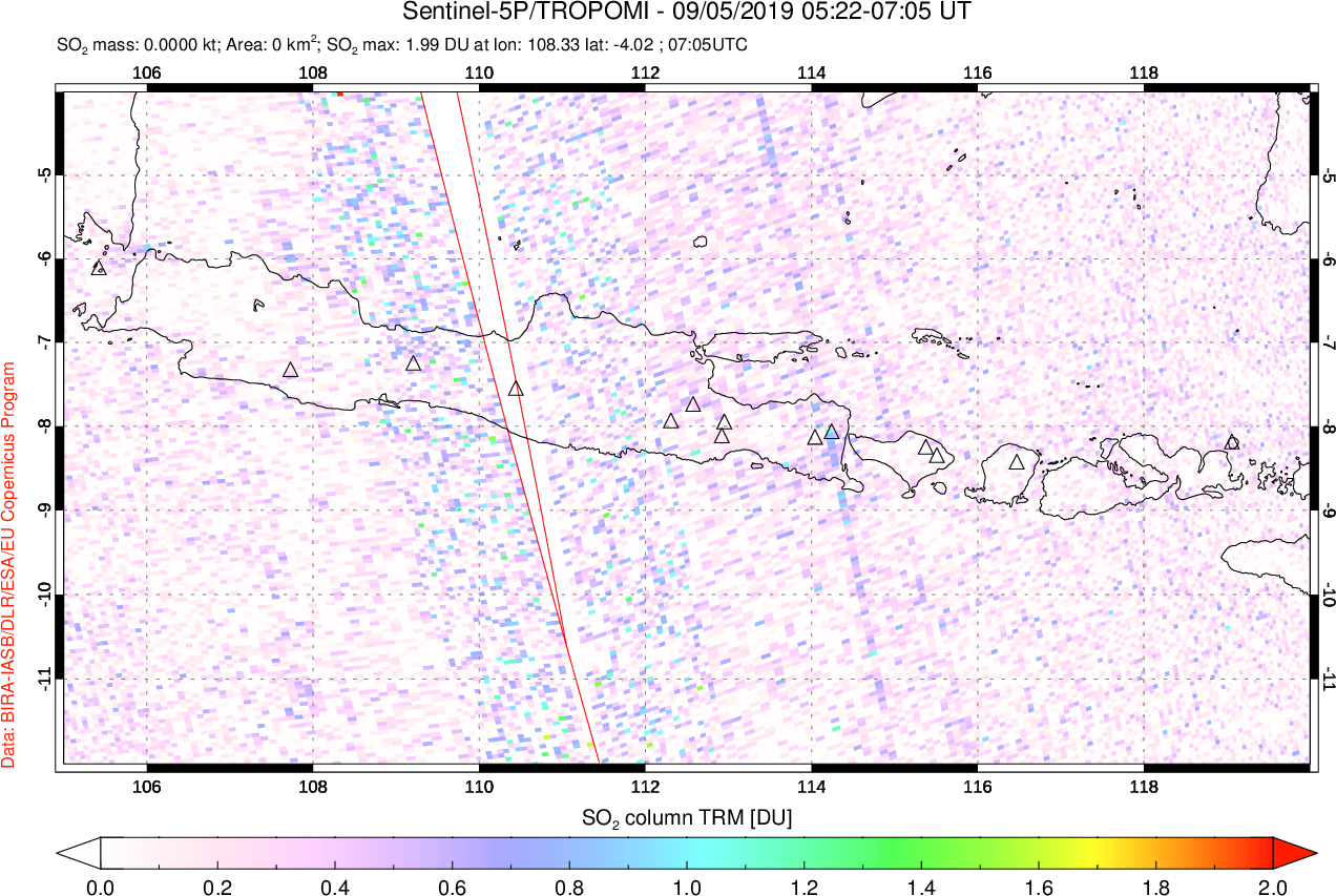 A sulfur dioxide image over Java, Indonesia on Sep 05, 2019.