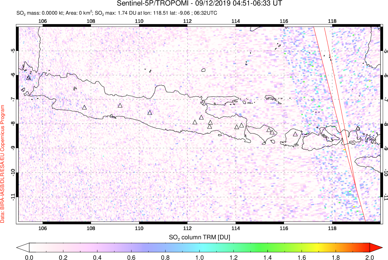 A sulfur dioxide image over Java, Indonesia on Sep 12, 2019.