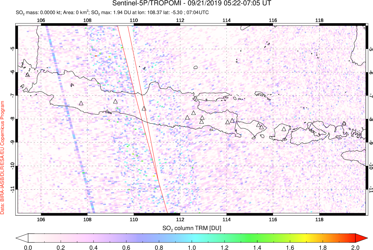 A sulfur dioxide image over Java, Indonesia on Sep 21, 2019.