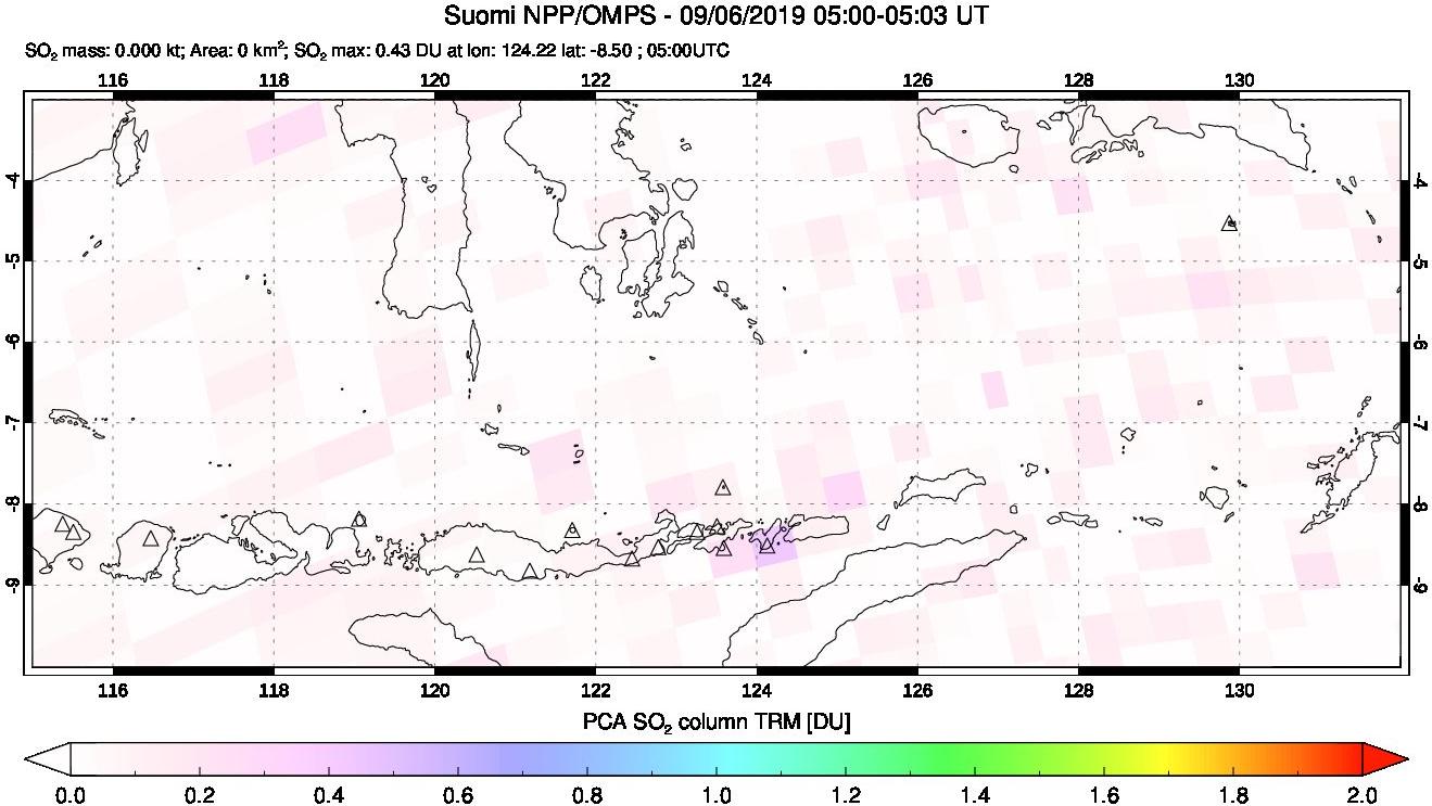 A sulfur dioxide image over Lesser Sunda Islands, Indonesia on Sep 06, 2019.