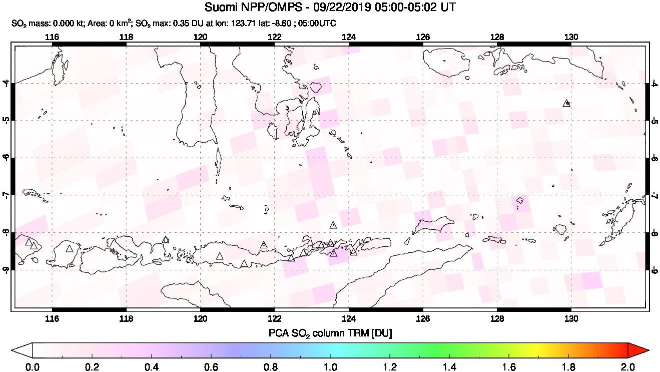 A sulfur dioxide image over Lesser Sunda Islands, Indonesia on Sep 22, 2019.