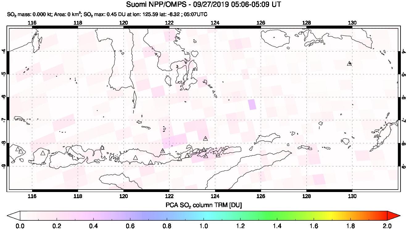 A sulfur dioxide image over Lesser Sunda Islands, Indonesia on Sep 27, 2019.