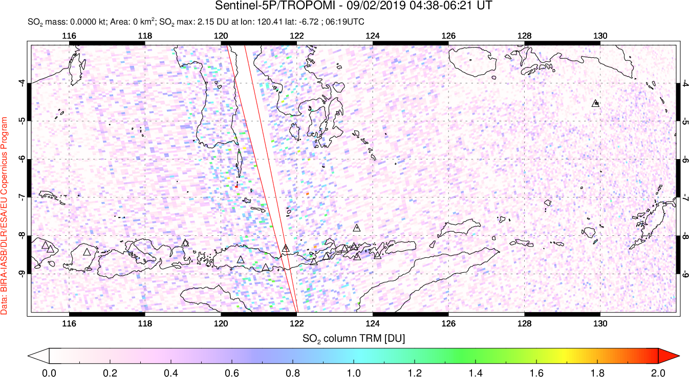 A sulfur dioxide image over Lesser Sunda Islands, Indonesia on Sep 02, 2019.