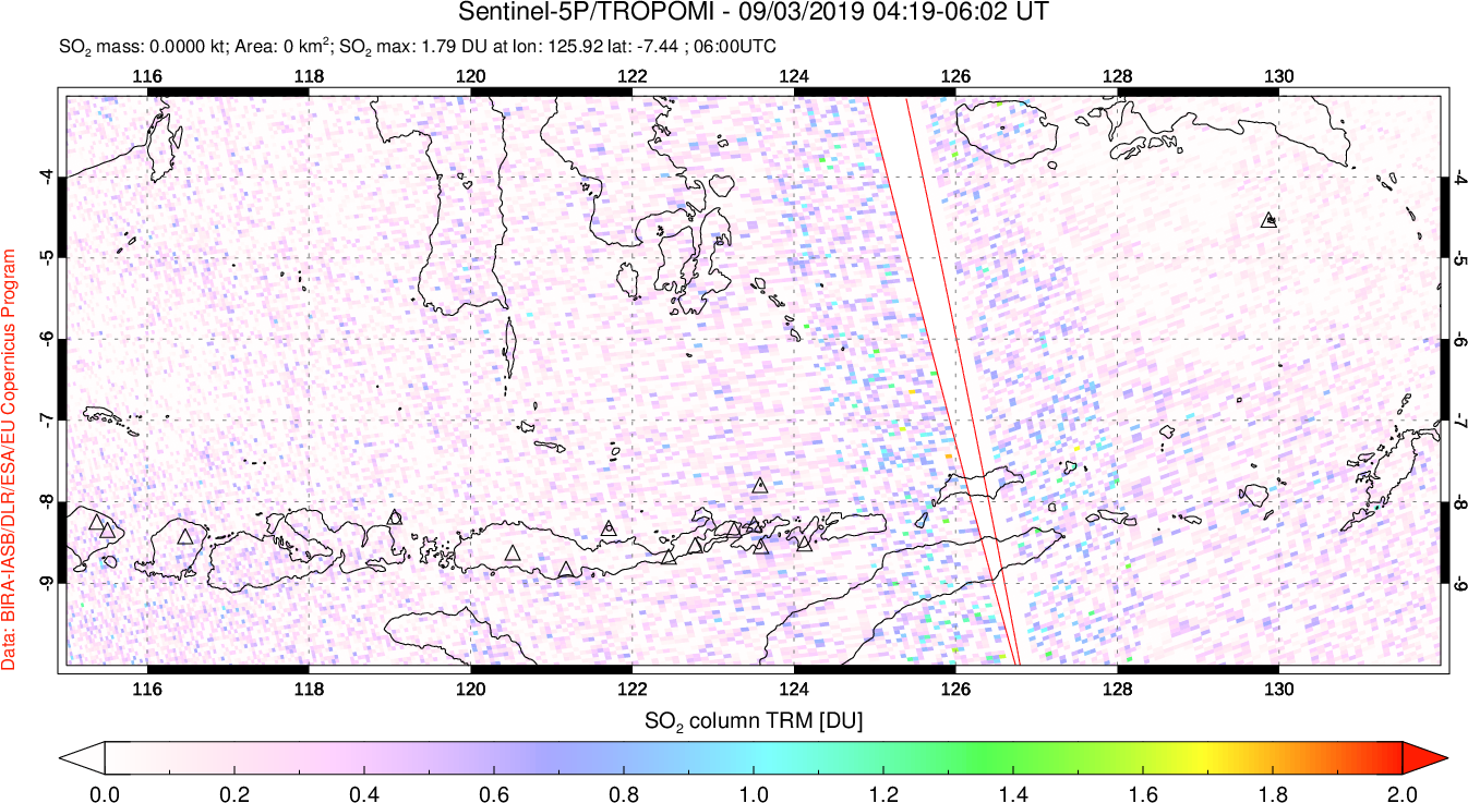 A sulfur dioxide image over Lesser Sunda Islands, Indonesia on Sep 03, 2019.