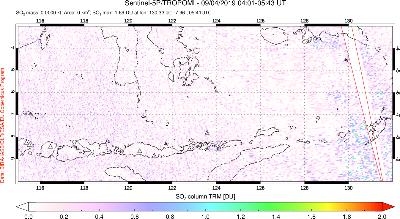 A sulfur dioxide image over Lesser Sunda Islands, Indonesia on Sep 04, 2019.