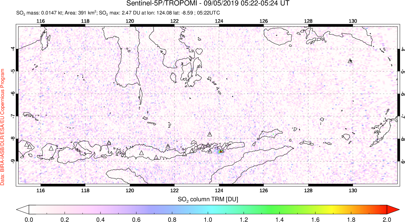 A sulfur dioxide image over Lesser Sunda Islands, Indonesia on Sep 05, 2019.