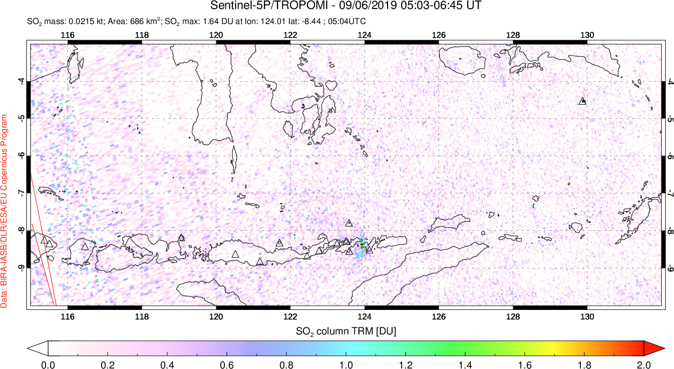 A sulfur dioxide image over Lesser Sunda Islands, Indonesia on Sep 06, 2019.