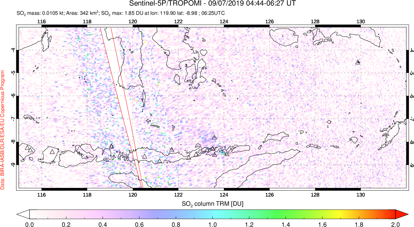 A sulfur dioxide image over Lesser Sunda Islands, Indonesia on Sep 07, 2019.