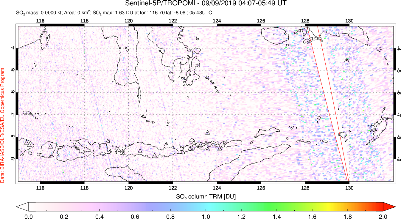 A sulfur dioxide image over Lesser Sunda Islands, Indonesia on Sep 09, 2019.