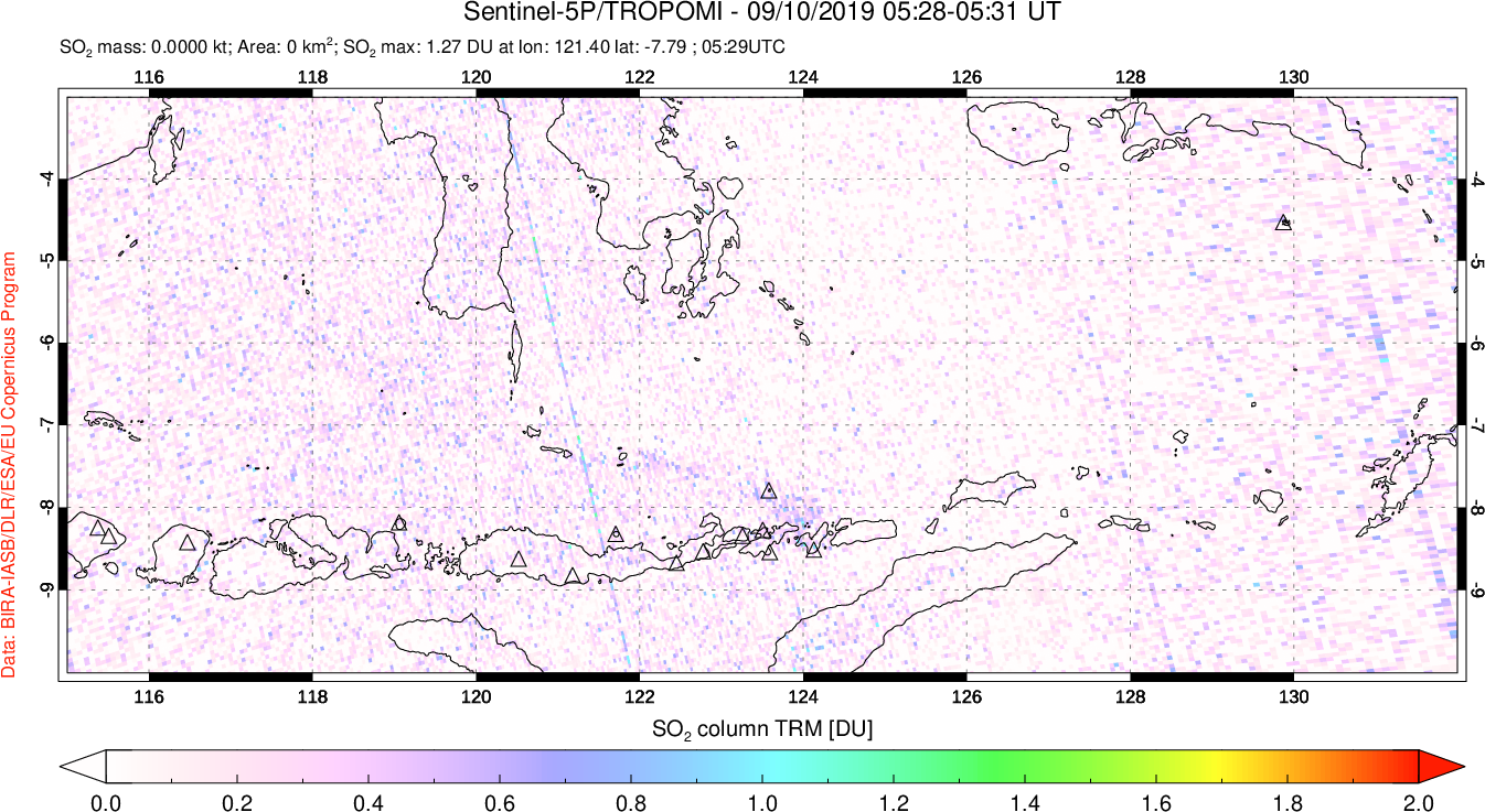 A sulfur dioxide image over Lesser Sunda Islands, Indonesia on Sep 10, 2019.
