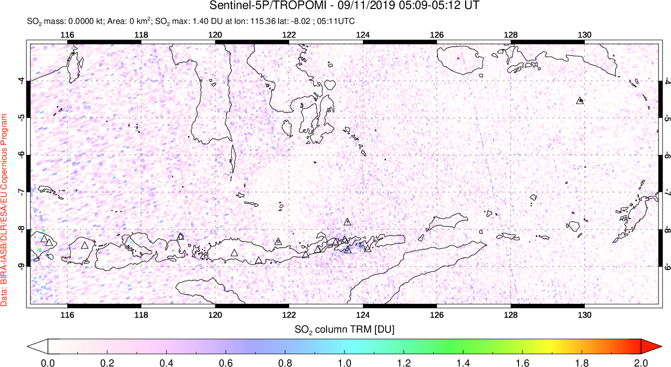 A sulfur dioxide image over Lesser Sunda Islands, Indonesia on Sep 11, 2019.