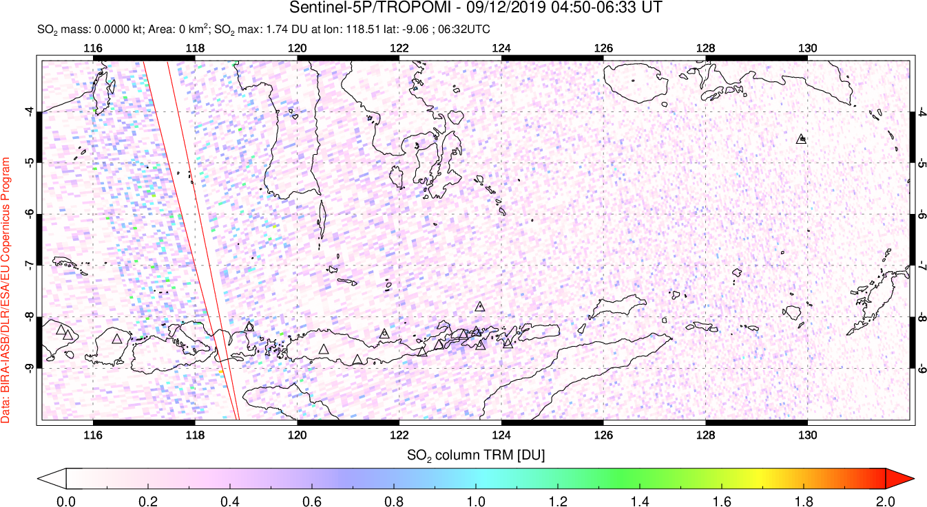 A sulfur dioxide image over Lesser Sunda Islands, Indonesia on Sep 12, 2019.