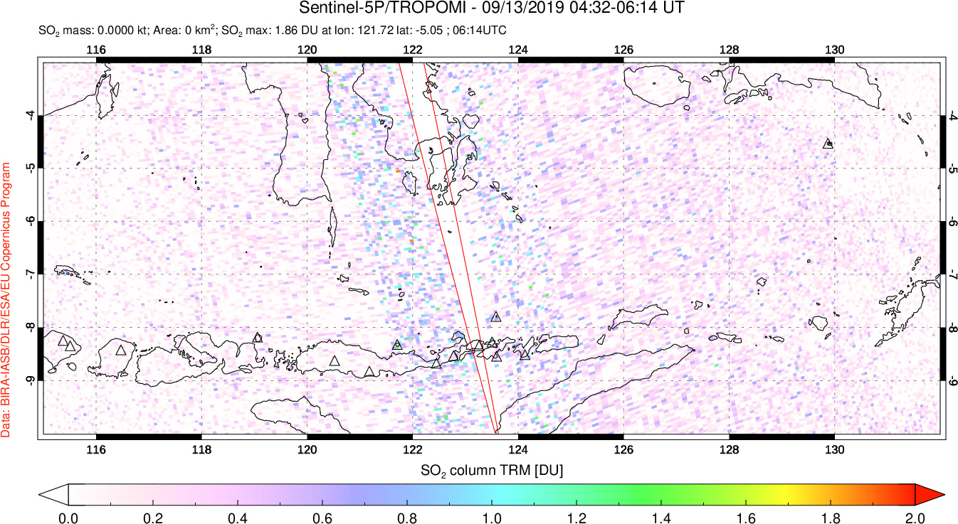 A sulfur dioxide image over Lesser Sunda Islands, Indonesia on Sep 13, 2019.