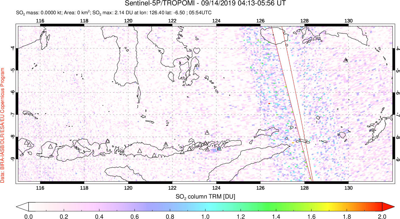 A sulfur dioxide image over Lesser Sunda Islands, Indonesia on Sep 14, 2019.