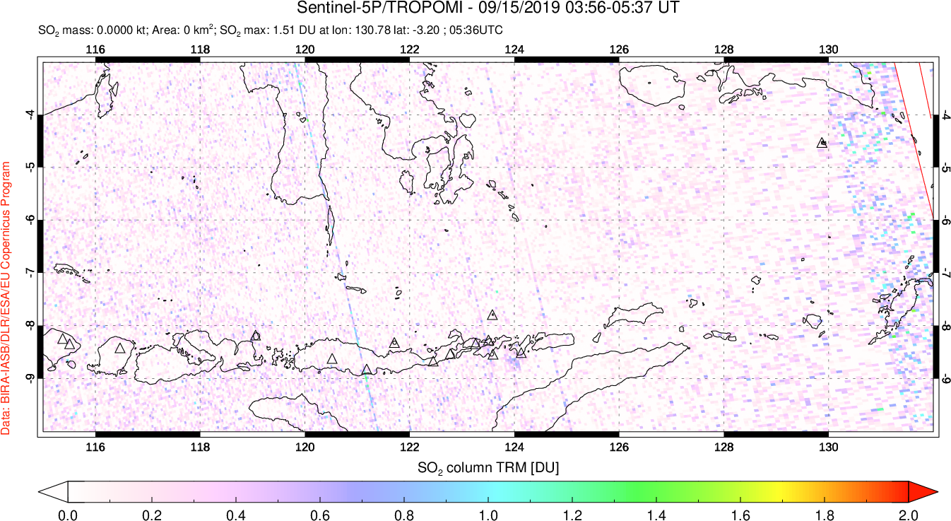 A sulfur dioxide image over Lesser Sunda Islands, Indonesia on Sep 15, 2019.