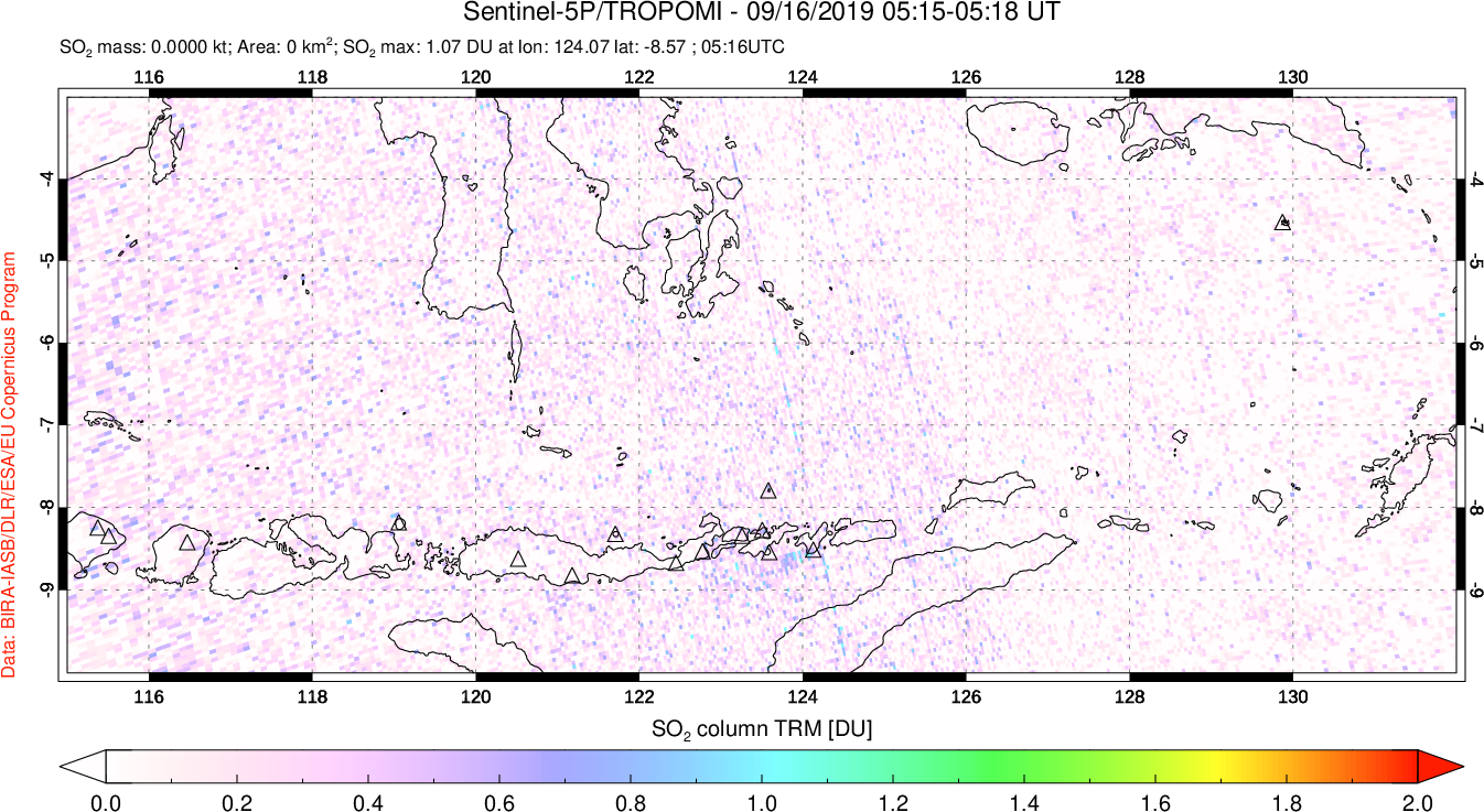 A sulfur dioxide image over Lesser Sunda Islands, Indonesia on Sep 16, 2019.