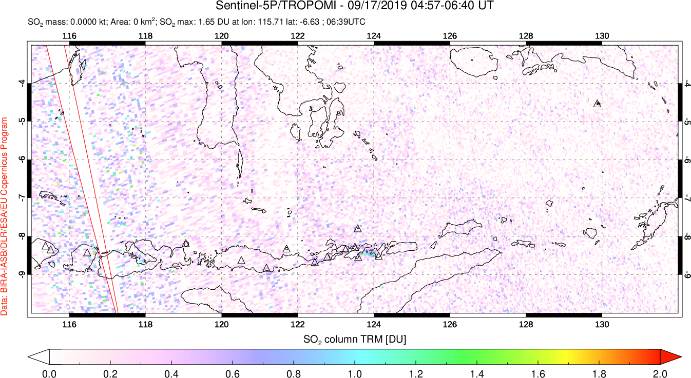 A sulfur dioxide image over Lesser Sunda Islands, Indonesia on Sep 17, 2019.