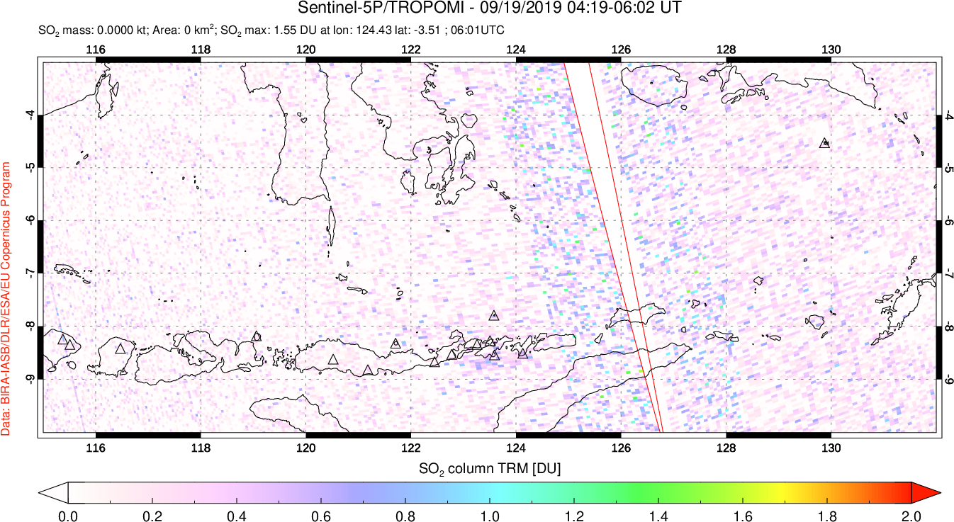 A sulfur dioxide image over Lesser Sunda Islands, Indonesia on Sep 19, 2019.
