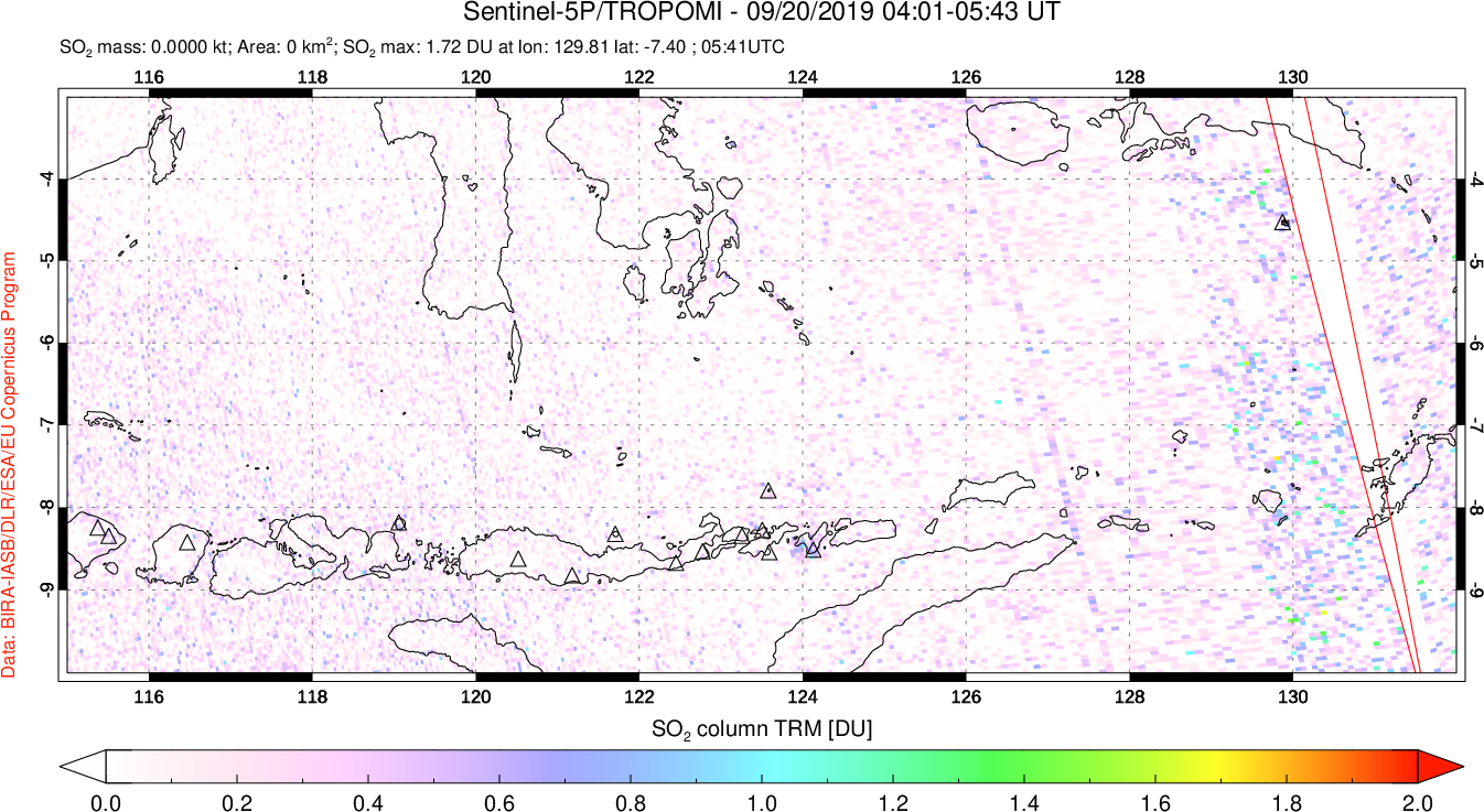 A sulfur dioxide image over Lesser Sunda Islands, Indonesia on Sep 20, 2019.