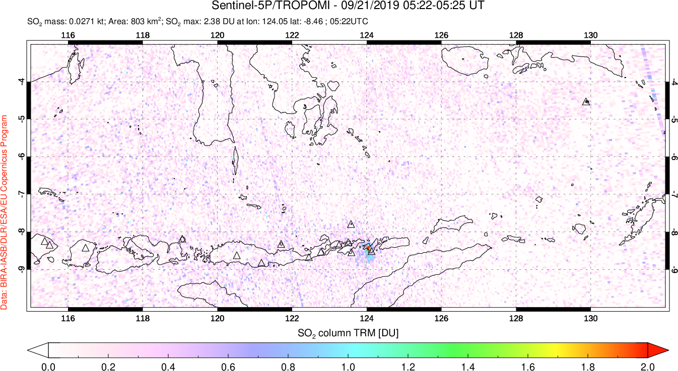 A sulfur dioxide image over Lesser Sunda Islands, Indonesia on Sep 21, 2019.