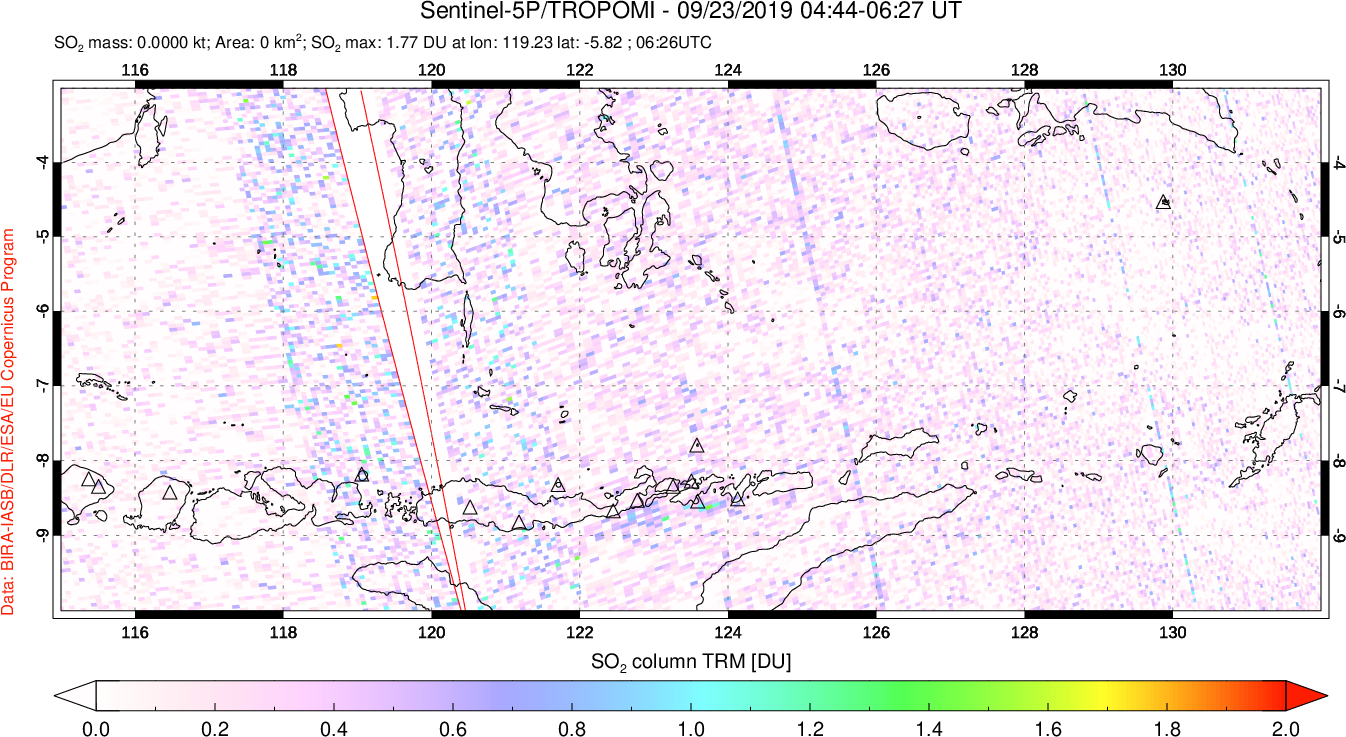 A sulfur dioxide image over Lesser Sunda Islands, Indonesia on Sep 23, 2019.