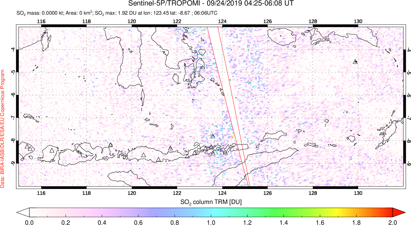 A sulfur dioxide image over Lesser Sunda Islands, Indonesia on Sep 24, 2019.