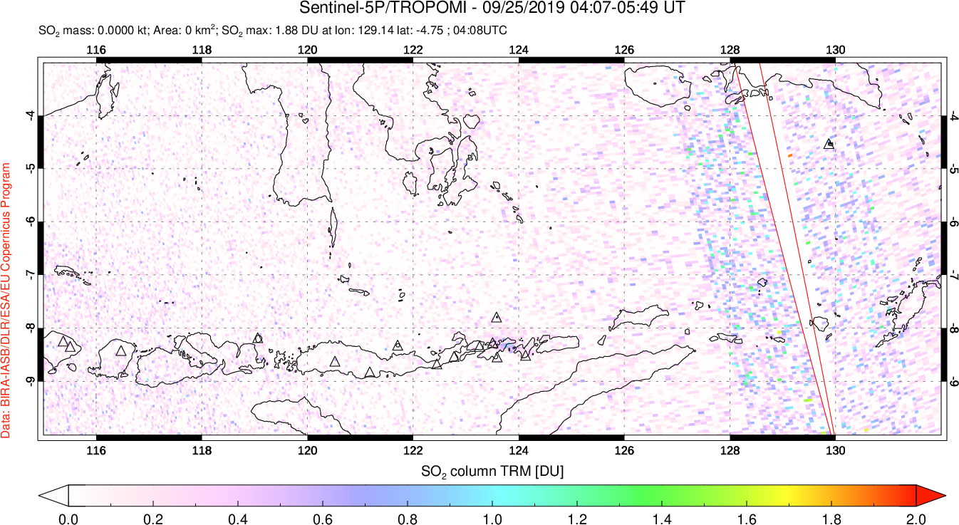 A sulfur dioxide image over Lesser Sunda Islands, Indonesia on Sep 25, 2019.