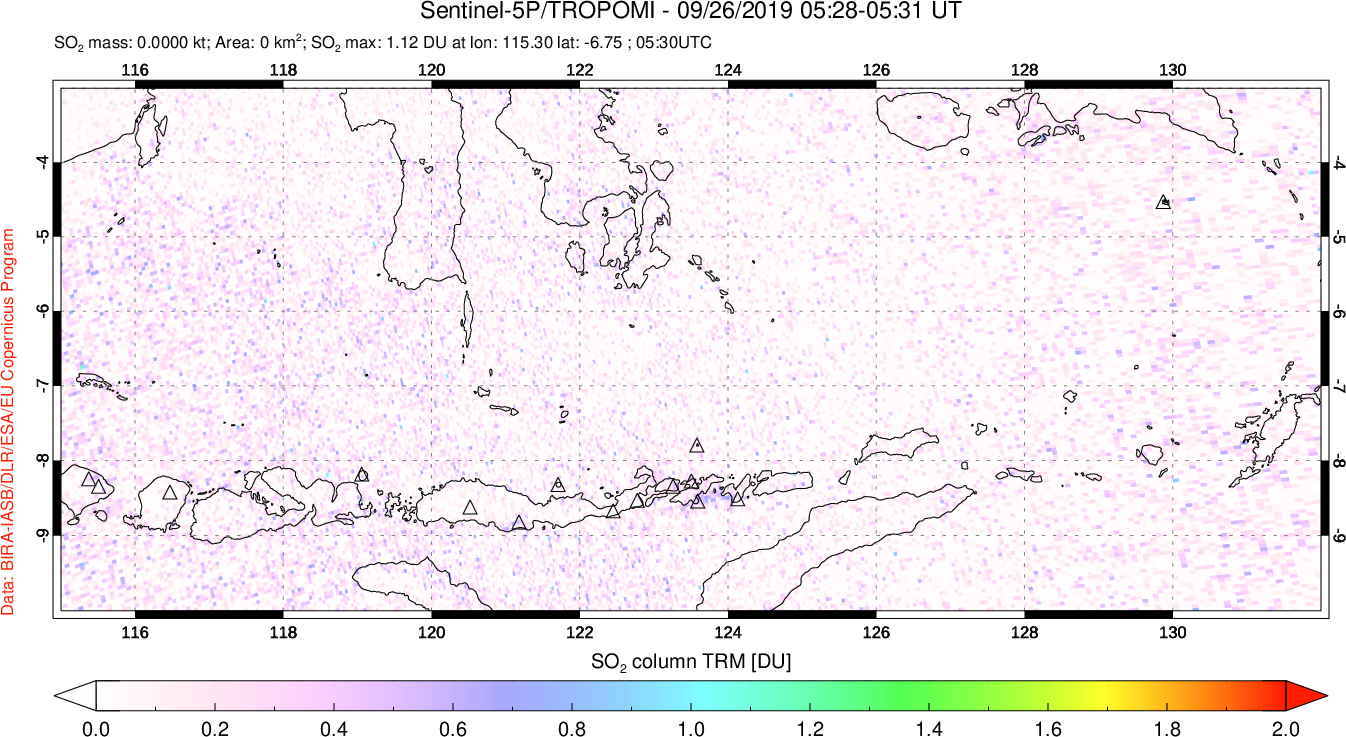A sulfur dioxide image over Lesser Sunda Islands, Indonesia on Sep 26, 2019.