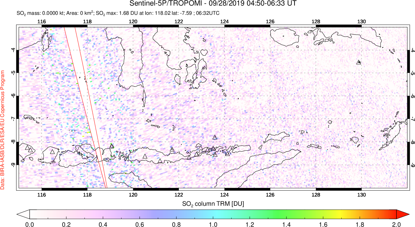 A sulfur dioxide image over Lesser Sunda Islands, Indonesia on Sep 28, 2019.