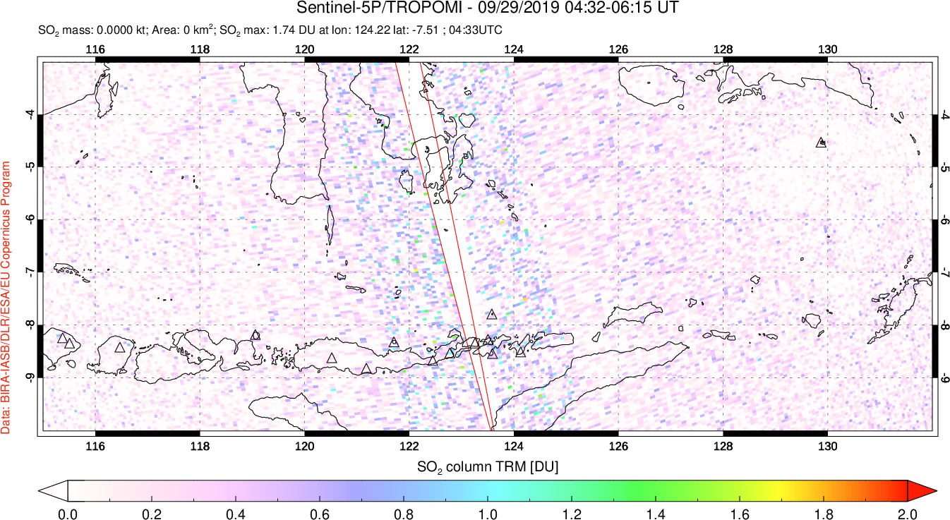 A sulfur dioxide image over Lesser Sunda Islands, Indonesia on Sep 29, 2019.