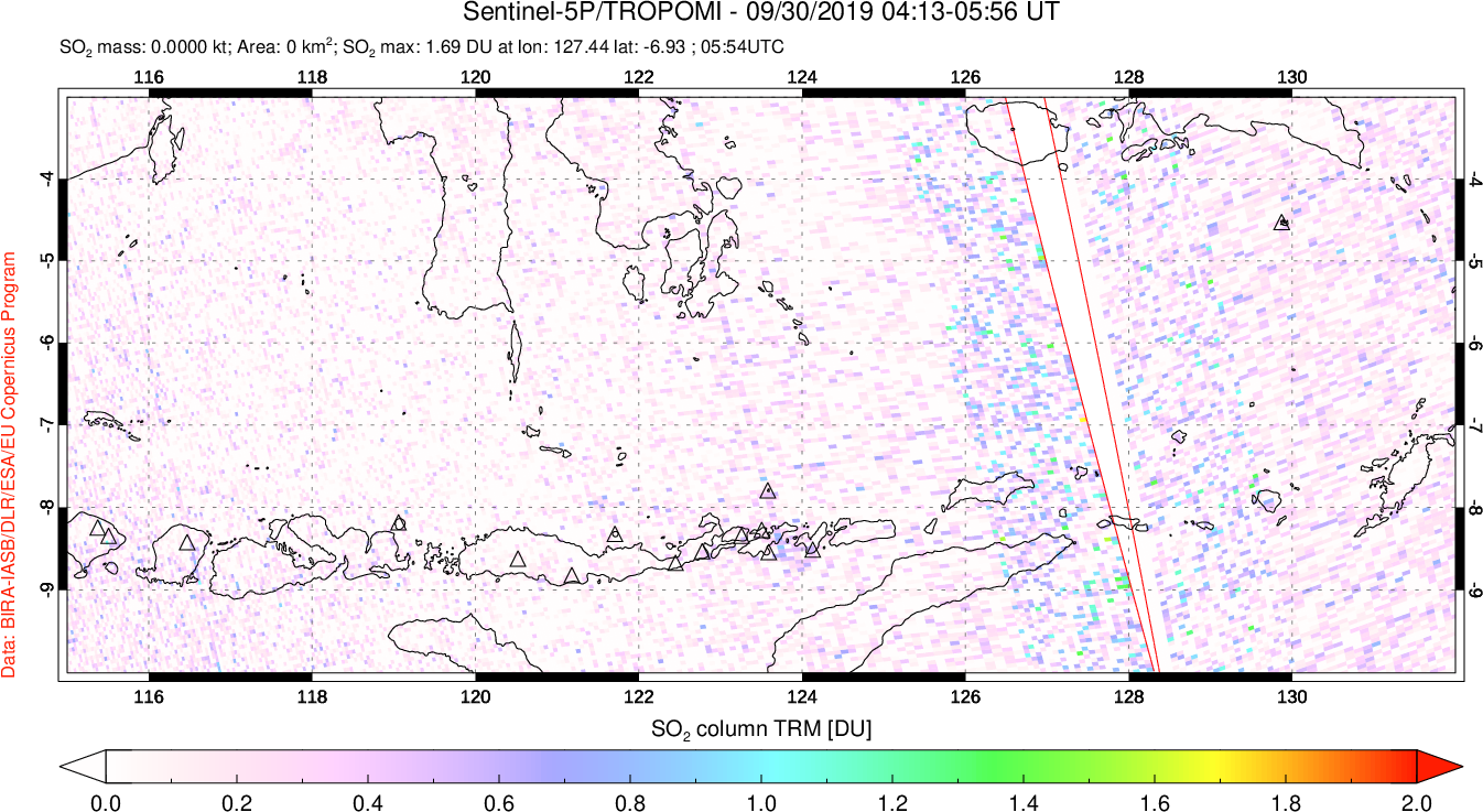 A sulfur dioxide image over Lesser Sunda Islands, Indonesia on Sep 30, 2019.