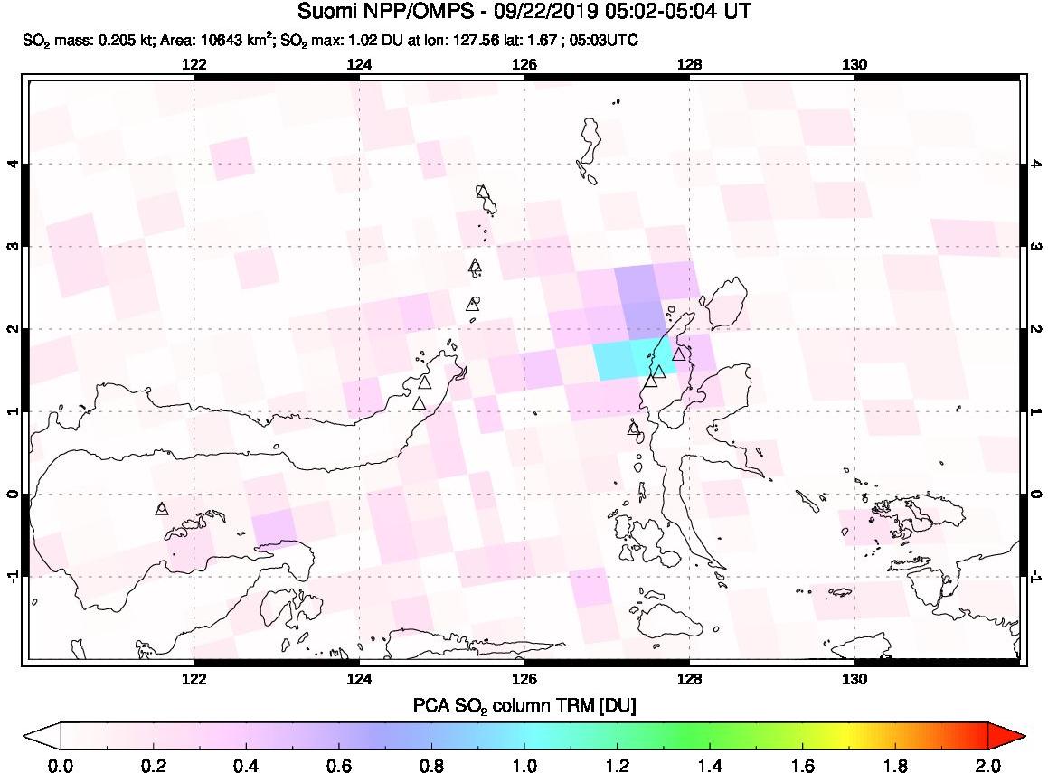 A sulfur dioxide image over Northern Sulawesi & Halmahera, Indonesia on Sep 22, 2019.