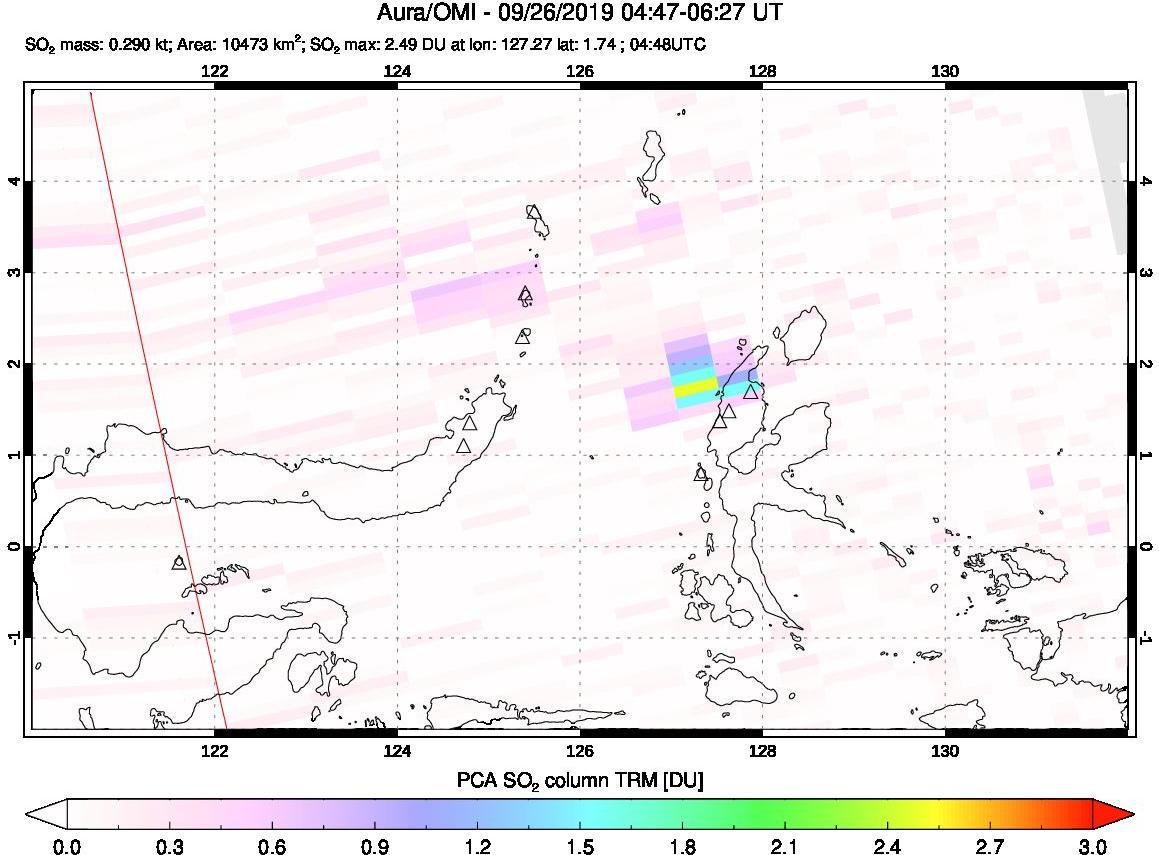 A sulfur dioxide image over Northern Sulawesi & Halmahera, Indonesia on Sep 26, 2019.