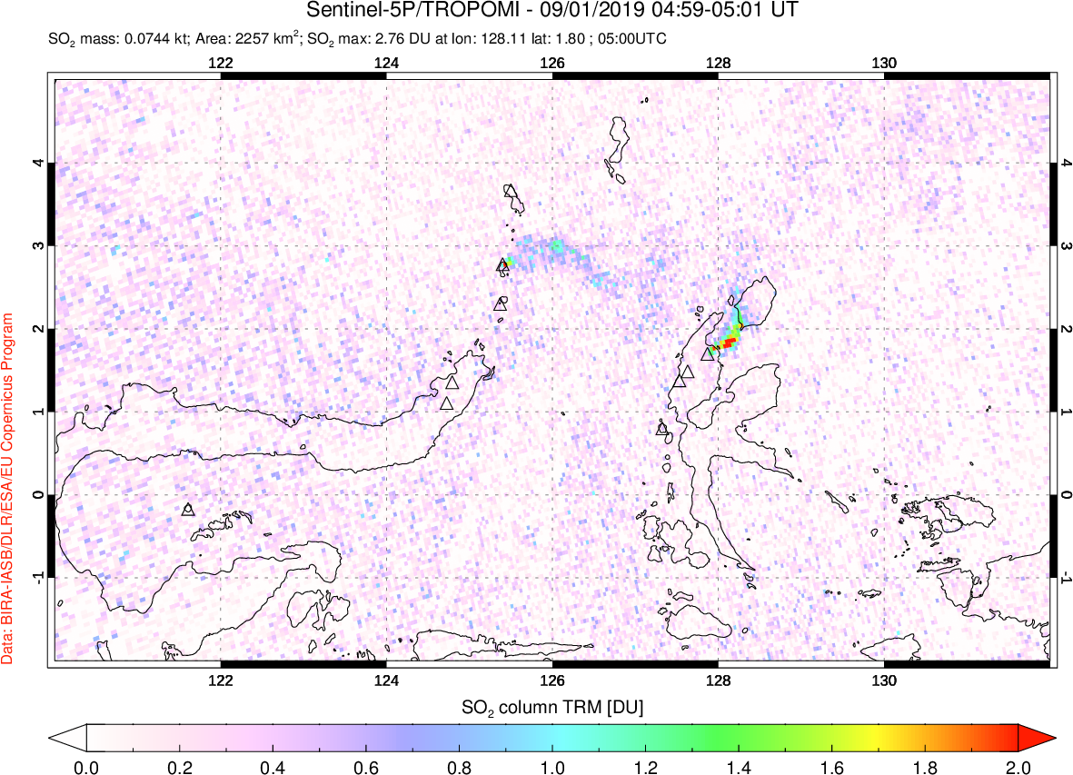A sulfur dioxide image over Northern Sulawesi & Halmahera, Indonesia on Sep 01, 2019.