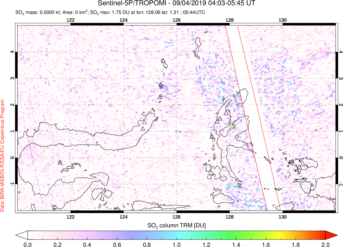 A sulfur dioxide image over Northern Sulawesi & Halmahera, Indonesia on Sep 04, 2019.