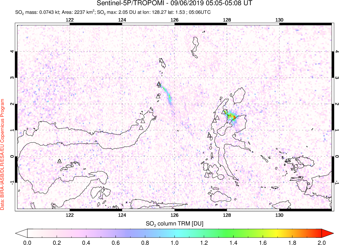 A sulfur dioxide image over Northern Sulawesi & Halmahera, Indonesia on Sep 06, 2019.