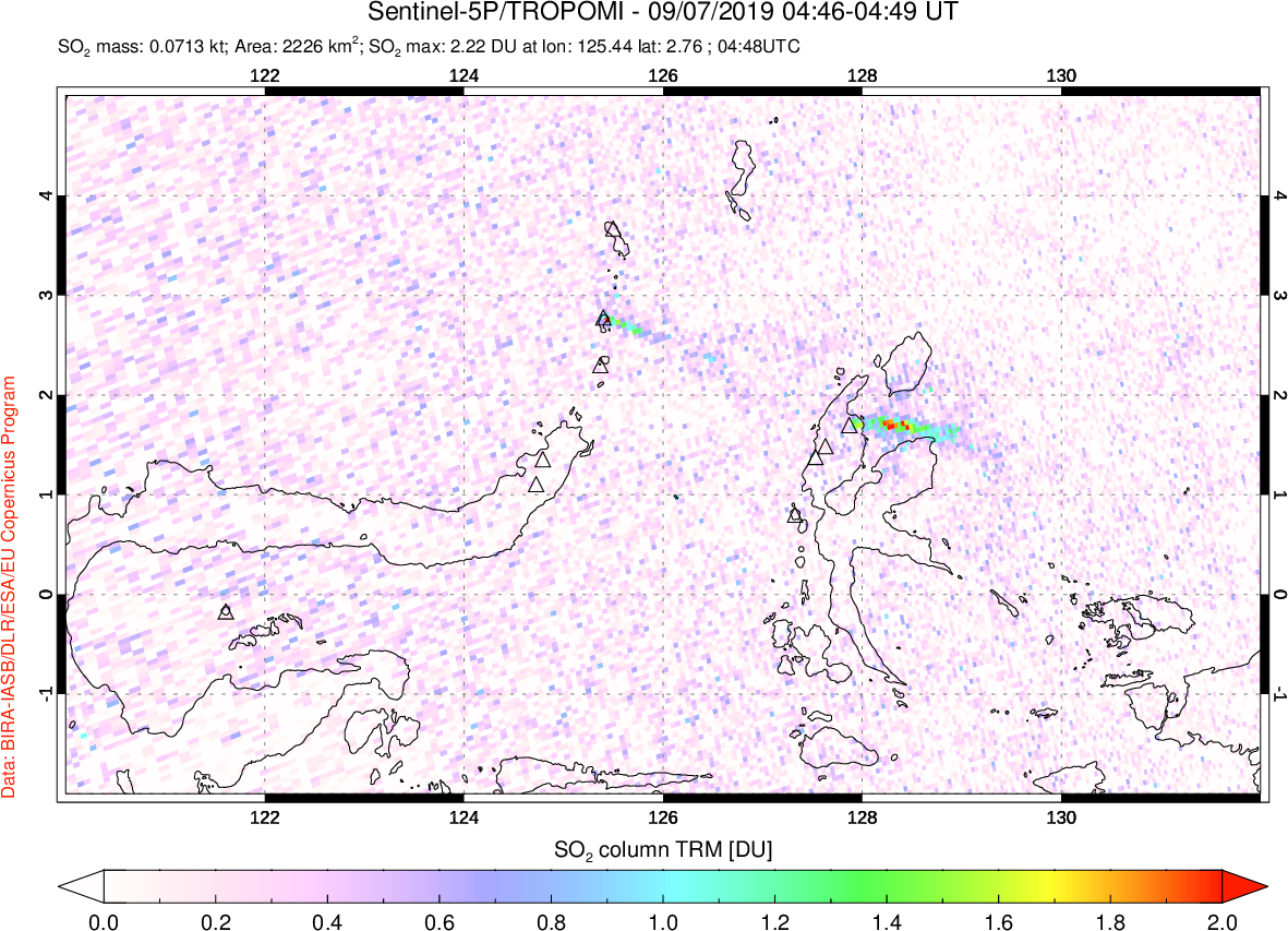 A sulfur dioxide image over Northern Sulawesi & Halmahera, Indonesia on Sep 07, 2019.