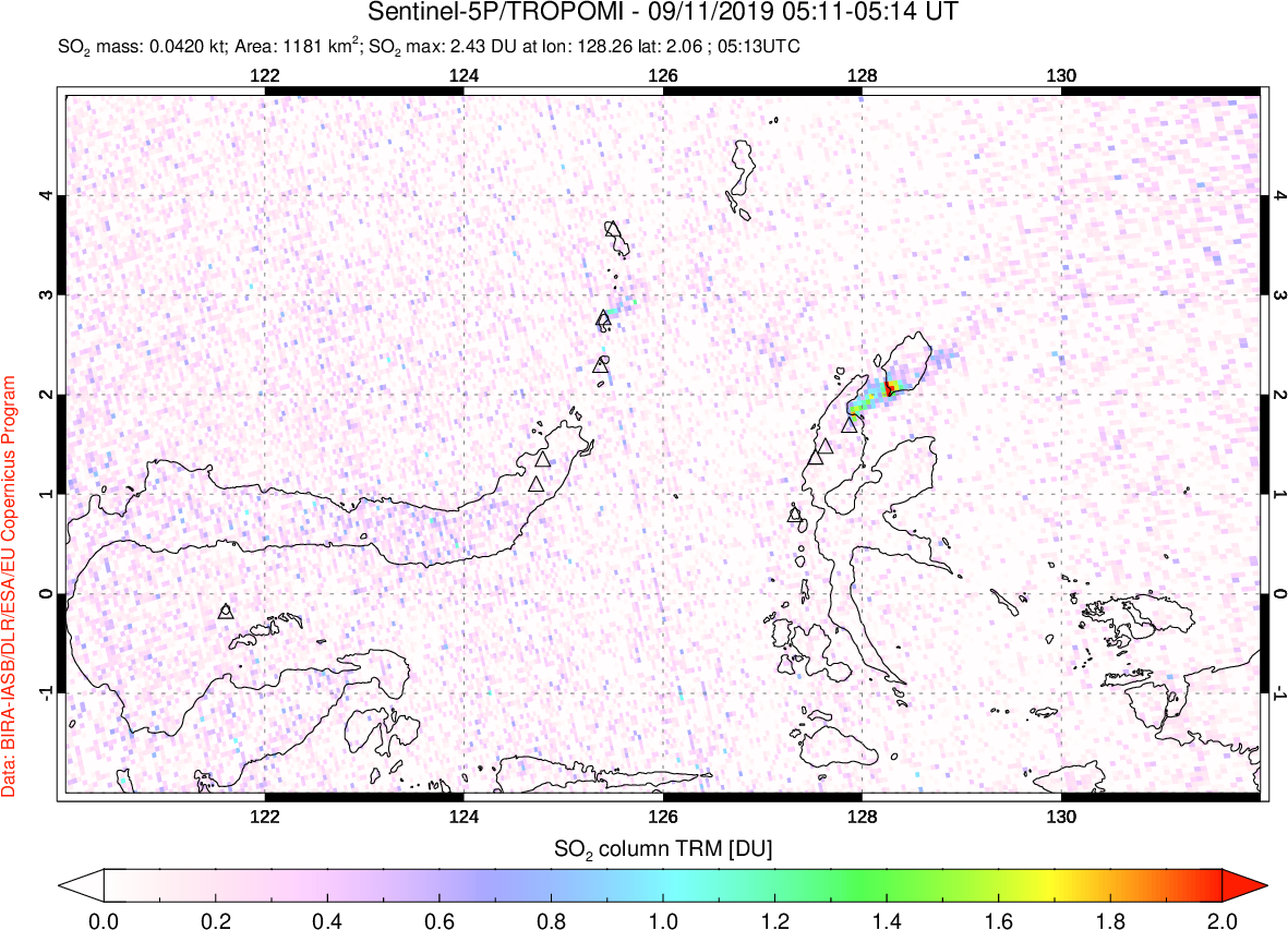 A sulfur dioxide image over Northern Sulawesi & Halmahera, Indonesia on Sep 11, 2019.