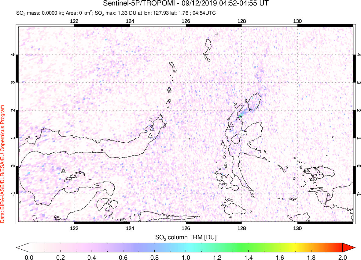 A sulfur dioxide image over Northern Sulawesi & Halmahera, Indonesia on Sep 12, 2019.