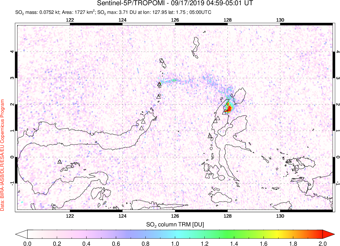 A sulfur dioxide image over Northern Sulawesi & Halmahera, Indonesia on Sep 17, 2019.