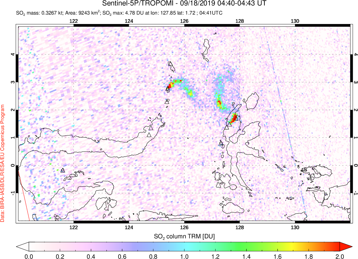 A sulfur dioxide image over Northern Sulawesi & Halmahera, Indonesia on Sep 18, 2019.